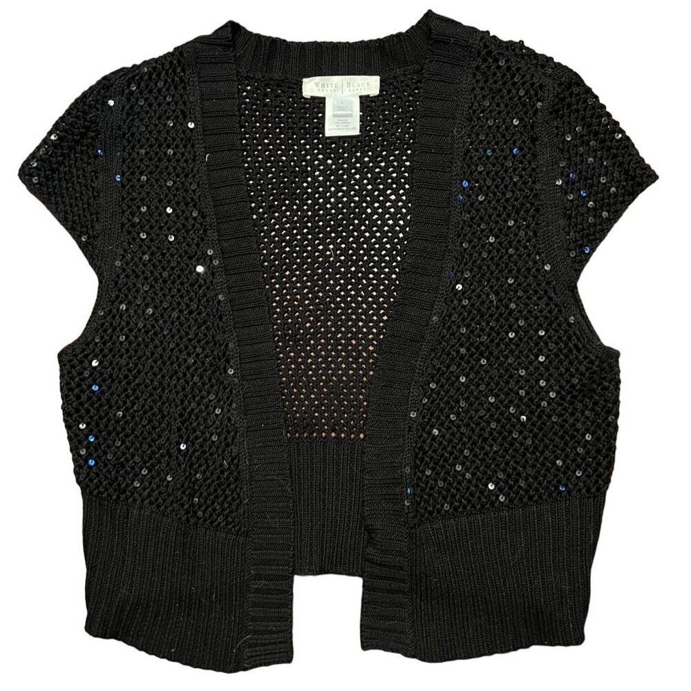 White House Black Market women's black open front silk blend, sequined top, cap